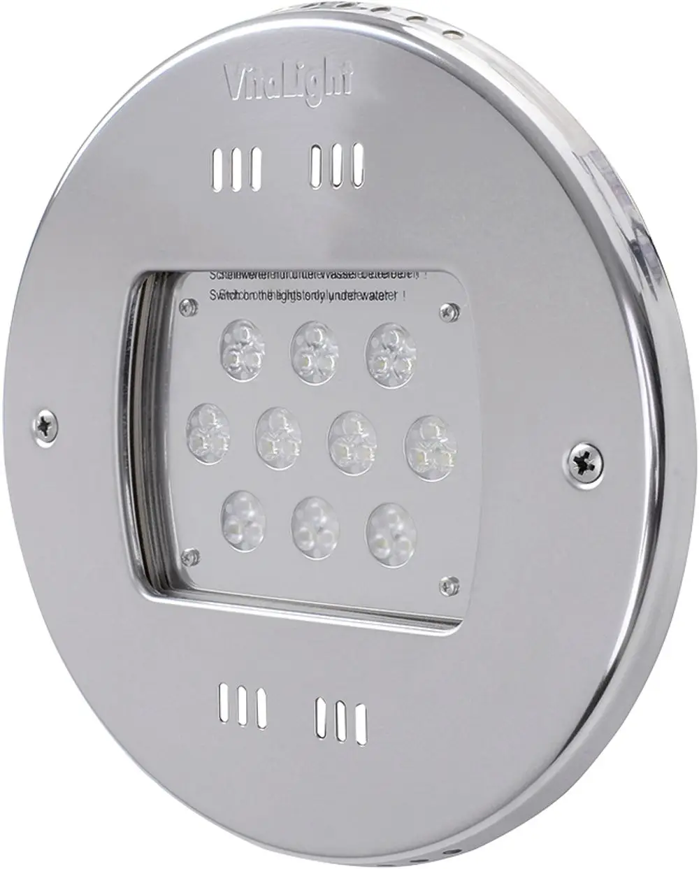 Runder LED-Einbauleuchte für den Außenbereich mit Metallrahmen. Ideal für die Beleuchtung von Wasserbereichen. Marke: Grünbeck.